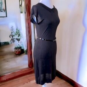 NEW Black lightweight sweater dress beaded collar rayon/silk belted H&M Sz S